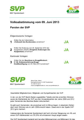 J A JA Kantonale Vorlagen 1 2 3 Wollen Sie d i e Volksinitiative «Volkswahl des Bundesrates» annehmen? Wollen Sie Änderung vom 28. September 2012 des Asylgesetzes (ASylG) ( Dringliche Änderung en des Asylgesetzes ) annehmen ? Eidgenössische Vorlagen Volksabstimmung vom 09 . Juni 201 3 Parolen der SVP Wollen Sie d e n Beschluss zu Brugg/Windisch; K 128, Südwestumfahrung Brugg; Kreditbewilligung vom 05. März 2013 annehmen ? JA